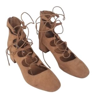 Aldo Tan Suede Lace Up Block Heel Shoes Round Toe Size 8.5